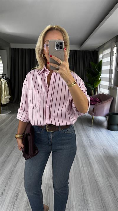 Bordo Çizgili Pembe Oversize Gömlek