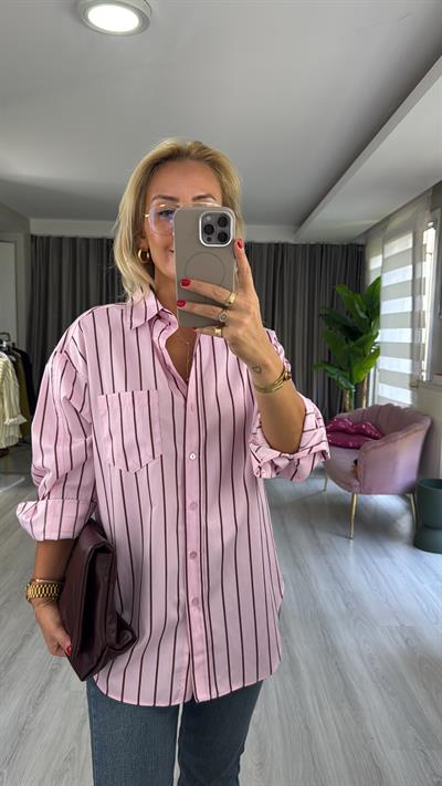 Bordo Çizgili Pembe Oversize Gömlek
