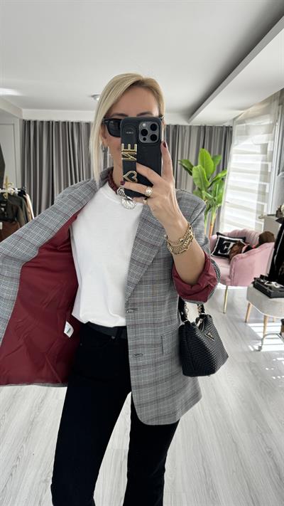 Bordo Ekoseli Premium Blazer Ceket