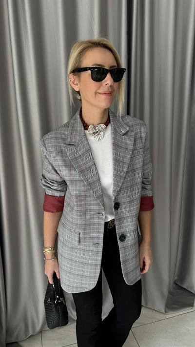 Bordo Ekoseli Premium Blazer Ceket