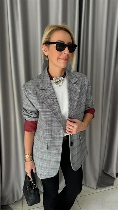 Bordo Ekoseli Premium Blazer Ceket