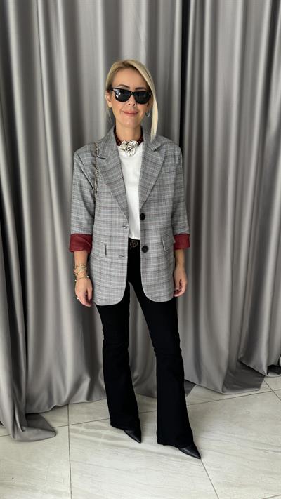 Bordo Ekoseli Premium Blazer Ceket