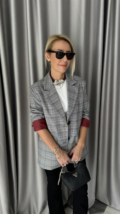 Bordo Ekoseli Premium Blazer Ceket