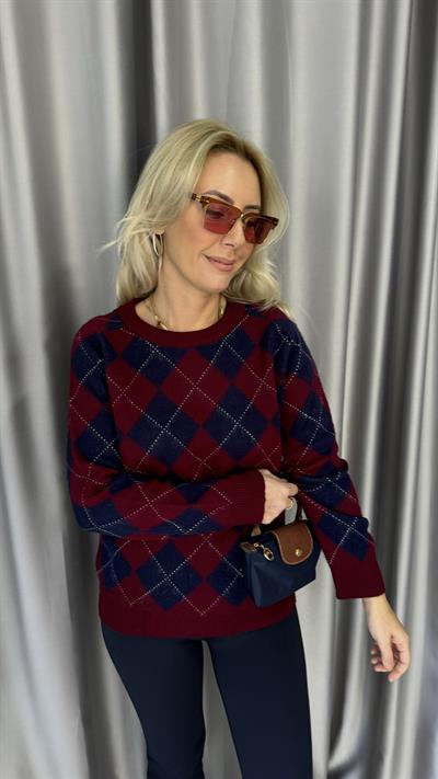 Bordo Lacivert Baklava Desen Triko Kazak