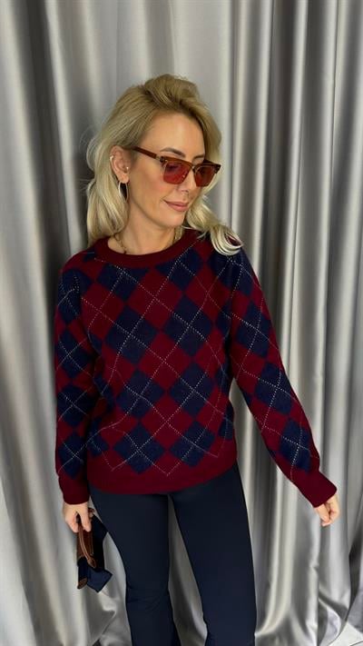 Bordo Lacivert Baklava Desen Triko Kazak