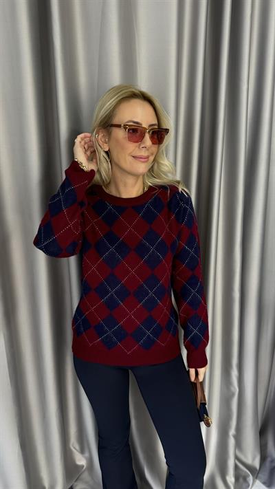 Bordo Lacivert Baklava Desen Triko Kazak