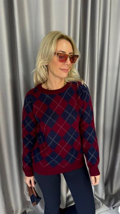 Bordo Lacivert Baklava Desen Triko Kazak