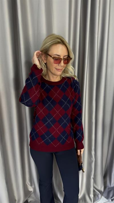 Bordo Lacivert Baklava Desen Triko Kazak