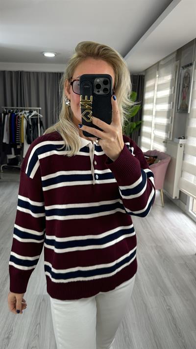 Bordo Lacivert Çizgili Polo Yaka Triko