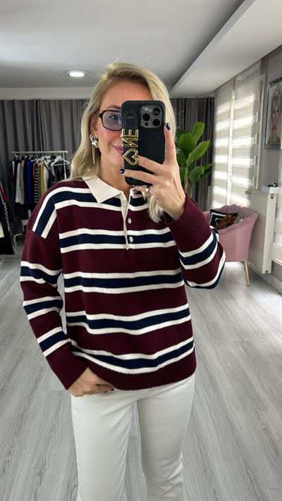 Bordo Lacivert Çizgili Polo Yaka Triko