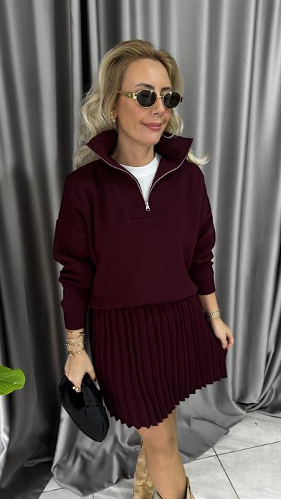 Bordo Pileli Etekli Triko Takım