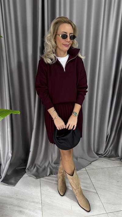 Bordo Pileli Etekli Triko Takım
