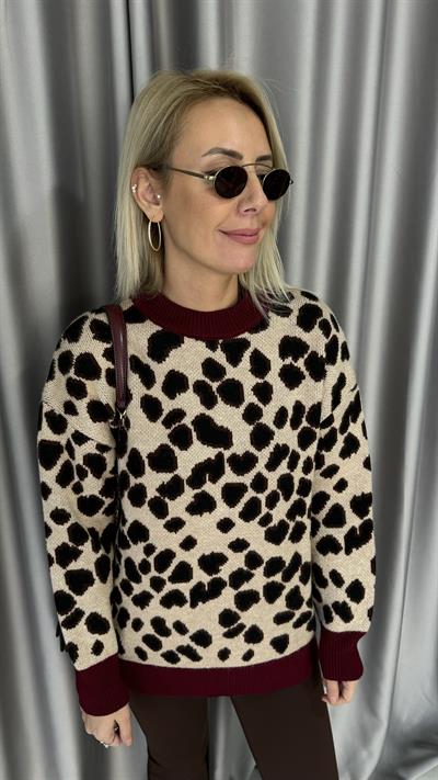 Bordo Ribanalı Leopar Desen Triko