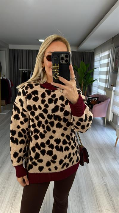 Bordo Ribanalı Leopar Desen Triko