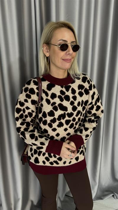 Bordo Ribanalı Leopar Desen Triko
