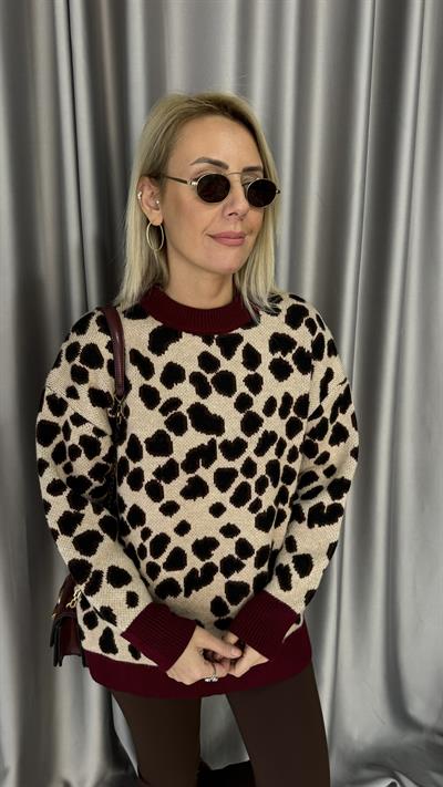 Bordo Ribanalı Leopar Desen Triko