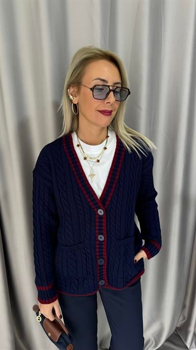 Bordo Şeritli Örgü Model Lacivert Triko Hırka