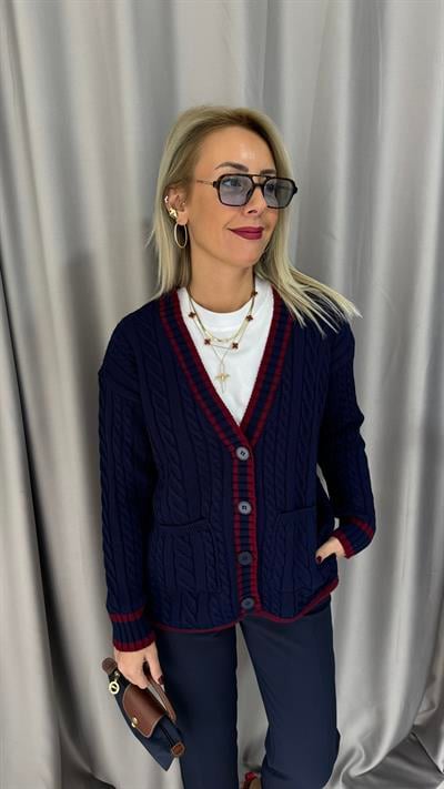 Bordo Şeritli Örgü Model Lacivert Triko Hırka