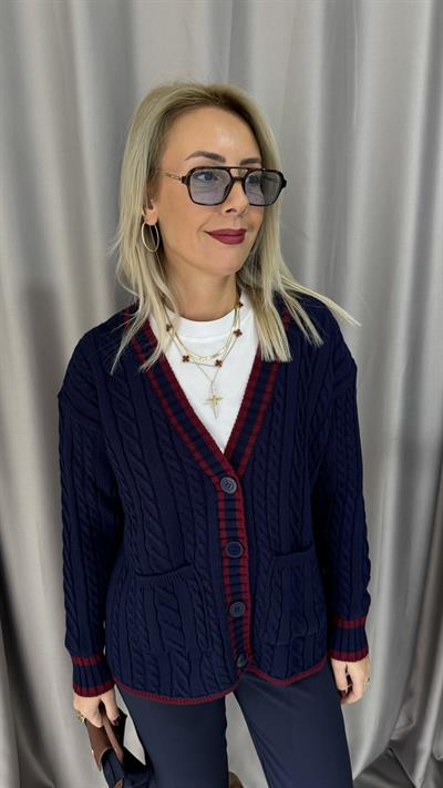 Bordo Şeritli Örgü Model Lacivert Triko Hırka