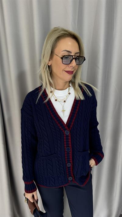 Bordo Şeritli Örgü Model Lacivert Triko Hırka