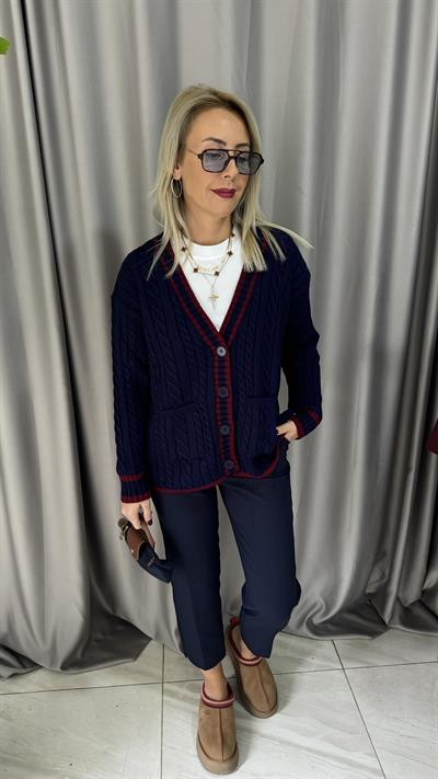 Bordo Şeritli Örgü Model Lacivert Triko Hırka