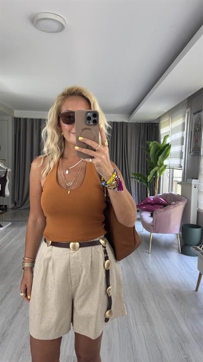 Boyundan Askılı Açık Kiremit Dilvin Bluz