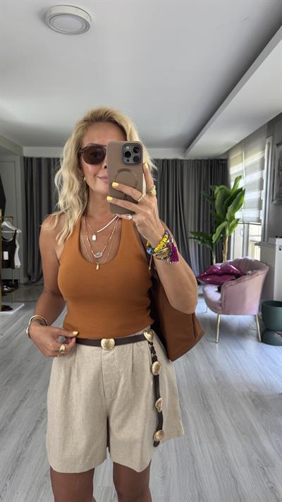 Boyundan Askılı Açık Kiremit Dilvin Bluz