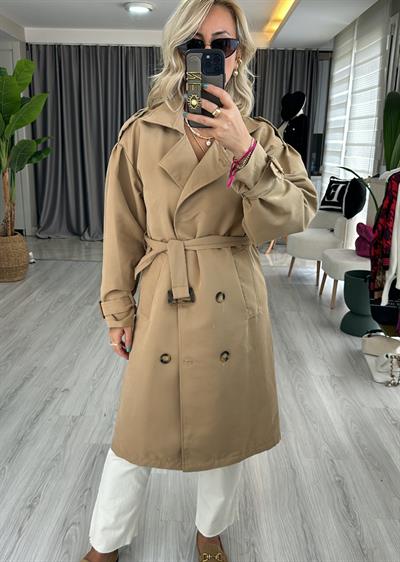 Camel Balon Kol Astarlı Trençkot