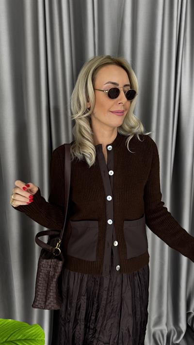 Cep Detaylı Acı Kahve Triko Hırka