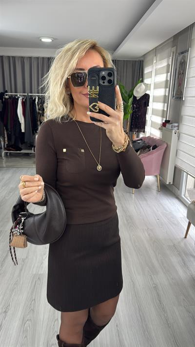 Cep Detaylı Fitilli Kaşkorse Acı Kahve Bluz