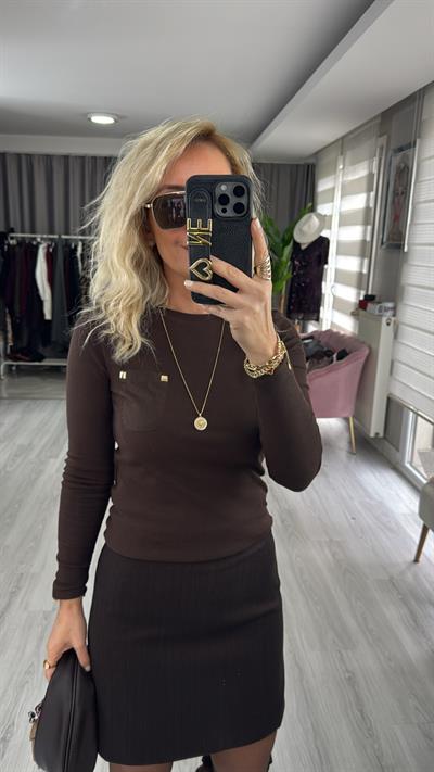 Cep Detaylı Fitilli Kaşkorse Acı Kahve Bluz