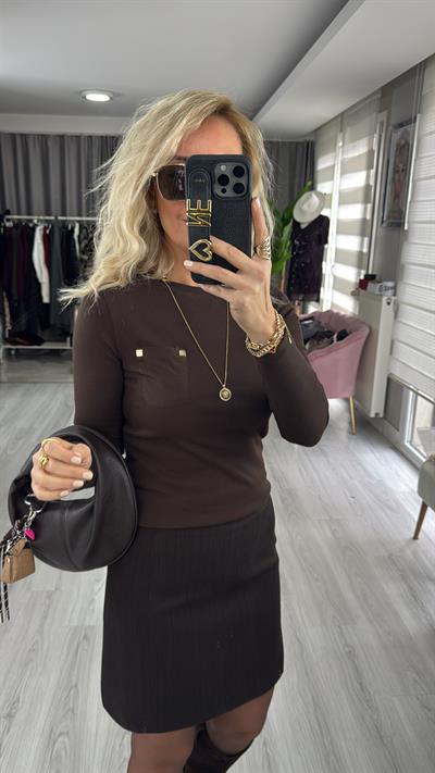 Cep Detaylı Fitilli Kaşkorse Acı Kahve Bluz