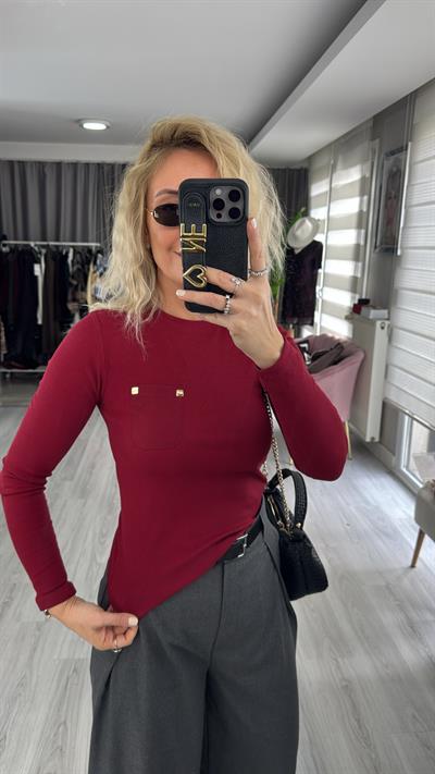 Cep Detaylı Fitilli Kaşkorse Bordo Bluz