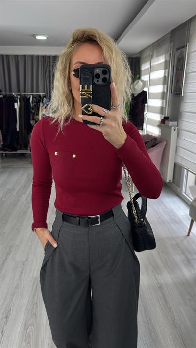Cep Detaylı Fitilli Kaşkorse Bordo Bluz