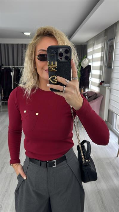 Cep Detaylı Fitilli Kaşkorse Bordo Bluz