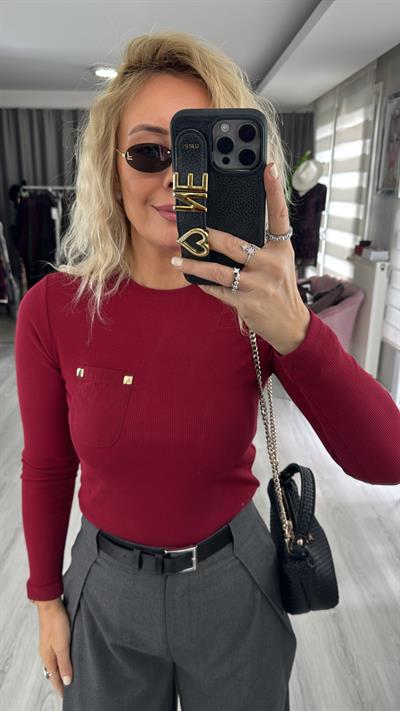 Cep Detaylı Fitilli Kaşkorse Bordo Bluz