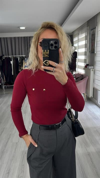 Cep Detaylı Fitilli Kaşkorse Bordo Bluz