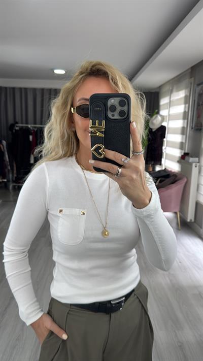 Cep Detaylı Fitilli Kaşkorse Ekru Bluz