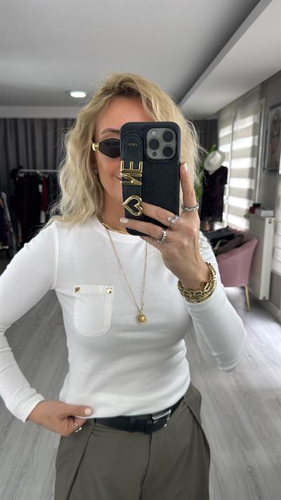 Cep Detaylı Fitilli Kaşkorse Ekru Bluz