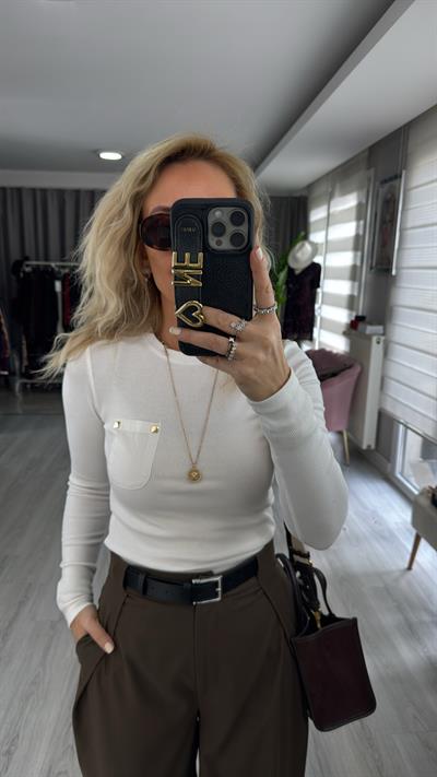 Cep Detaylı Fitilli Kaşkorse Ekru Bluz