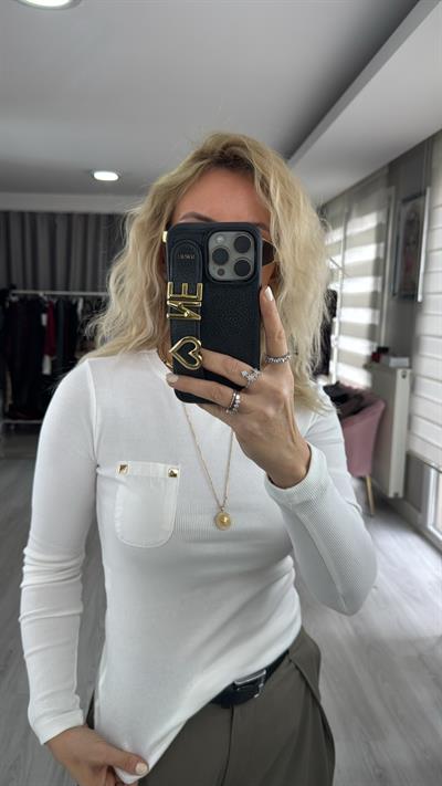 Cep Detaylı Fitilli Kaşkorse Ekru Bluz