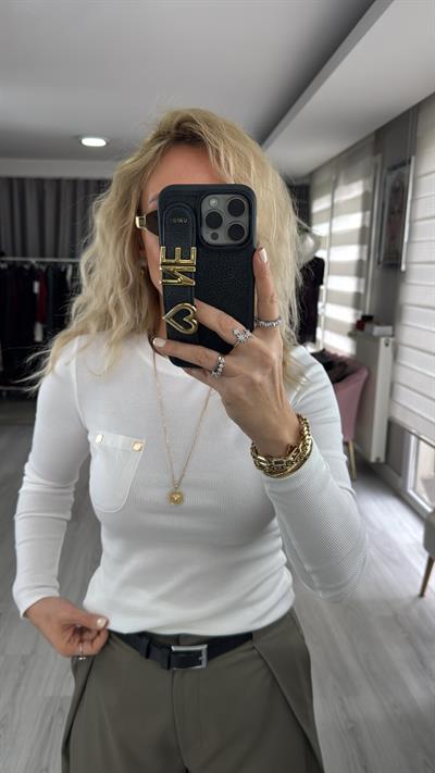 Cep Detaylı Fitilli Kaşkorse Ekru Bluz