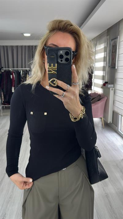 Cep Detaylı Fitilli Kaşkorse Siyah Bluz