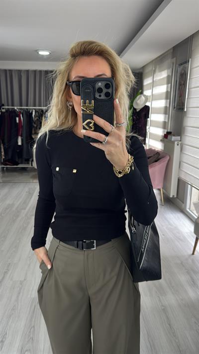 Cep Detaylı Fitilli Kaşkorse Siyah Bluz