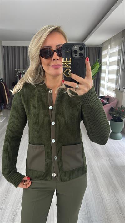 Cep Detaylı Haki Triko Hırka