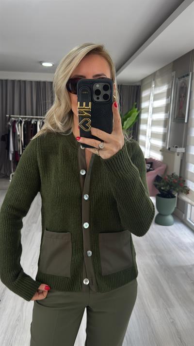 Cep Detaylı Haki Triko Hırka