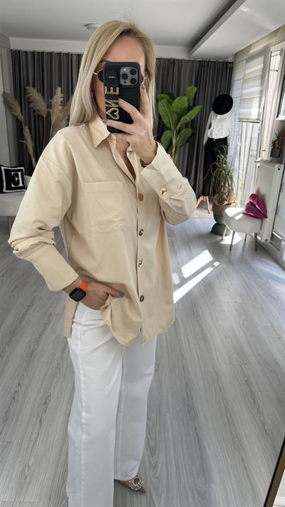 CEPLİ, GOLD DÜĞMELİ BEJ GÖMLEK