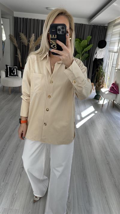 CEPLİ, GOLD DÜĞMELİ BEJ GÖMLEK