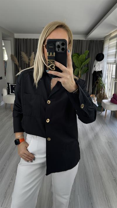 CEPLİ, GOLD DÜĞMELİ SİYAH GÖMLEK