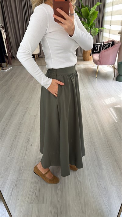 Cepli Kloş Bel Arkası Lastikli Haki Etek